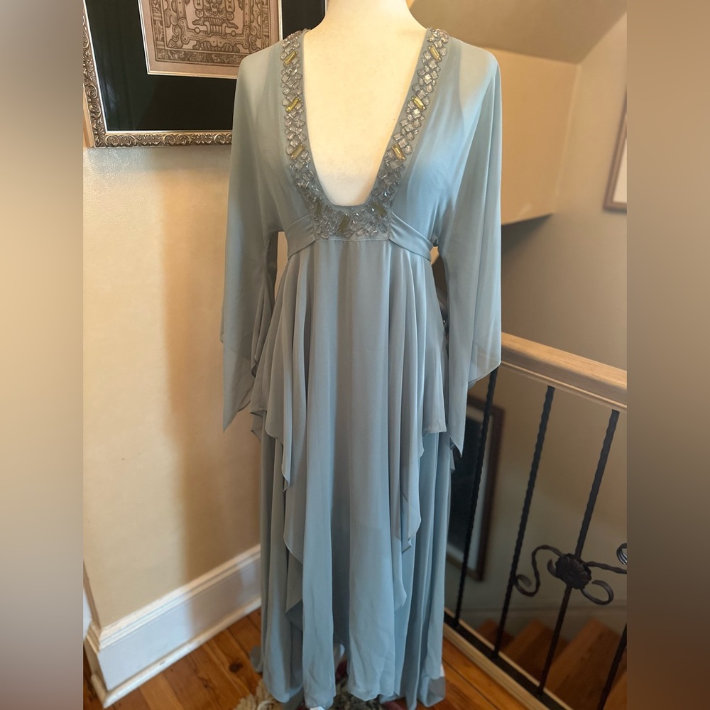 BCBG MAXAZRIA Teal Deep V-Neck Elegant Dress With Rhinestones. Size XS